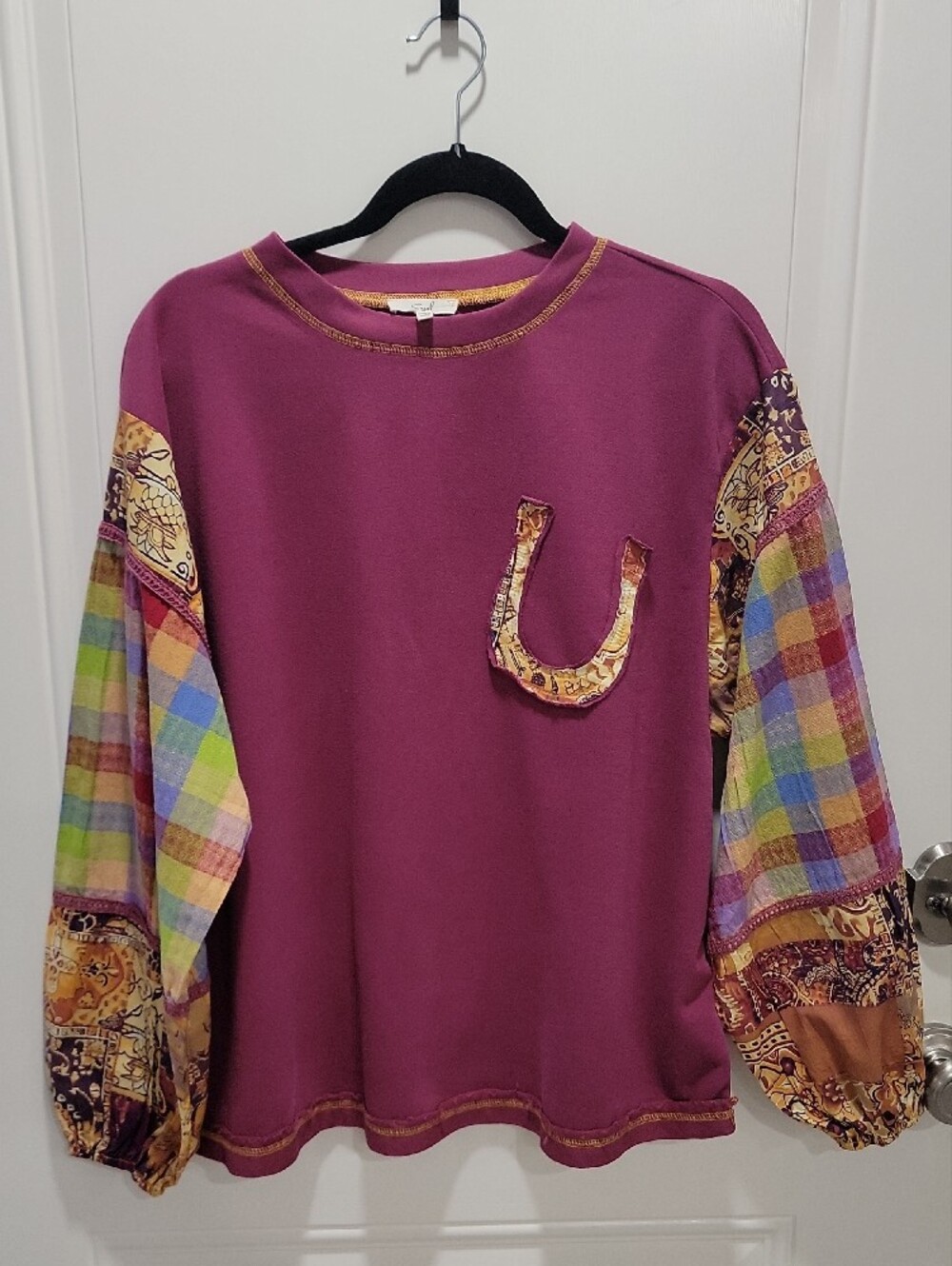 easel Patchwork-Sleeve Pullover Top - Picture 5 of 9